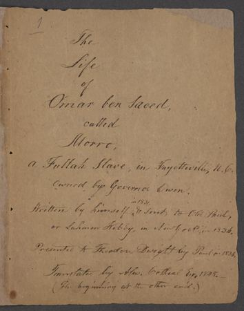 L’étiquette de titre : page 1 du manuscrit d’Omar ibn Said
