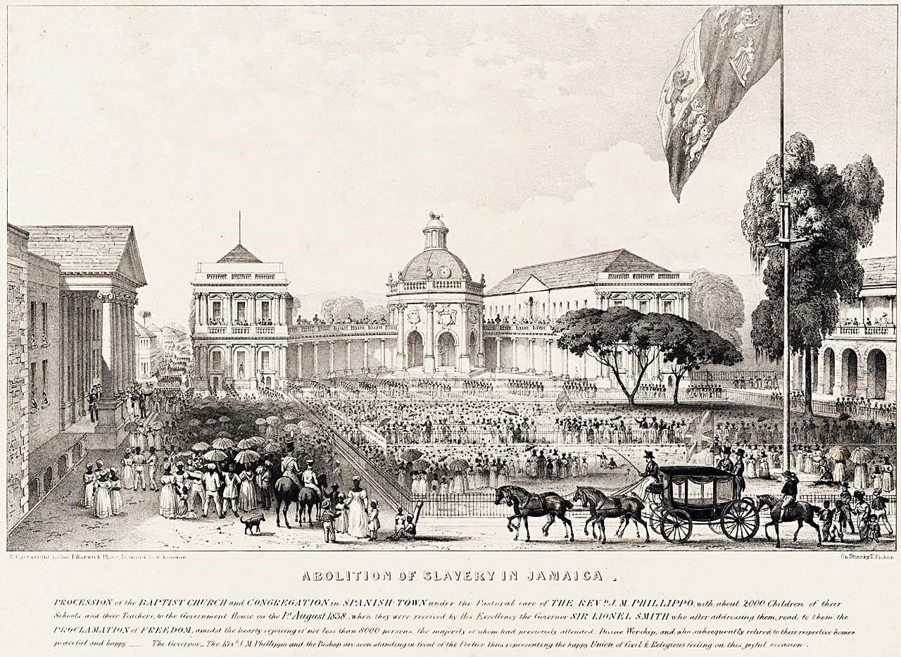 Spanish Town, Jamaica, 1 de agosto de 1838: el gobernador, sir Lionel Smith, lee la proclamación de la libertad en King’s House. Litografía publicada por Thomas Picken, Londres, 1838.