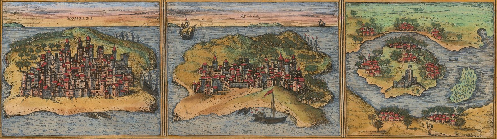 Mombasa, Kilwa and Sofala as engraved for Georg Braun and Frans Hogenberg's Civitates Orbis Terrarum, about 1572, beneath their view of Aden.